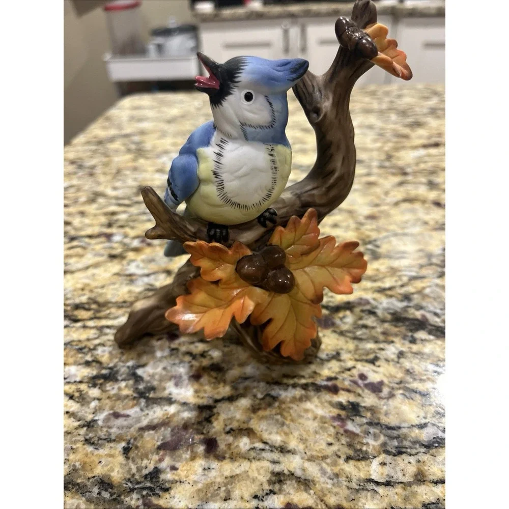 Porcelain Blue Jay Figurine on Branch Autumn Oak Leaves Acorns Autumn 6